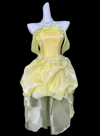 Chic Yellow Satin Organza Pleated Short 8th Grade Homecoming Dress,Off The Shoulder Short Birthday Outfits SP3529
