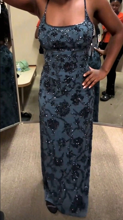 Charming Spaghetti Straps Blue Sequin Floral Sheath Long Party Dress Prom Gowns SP4255