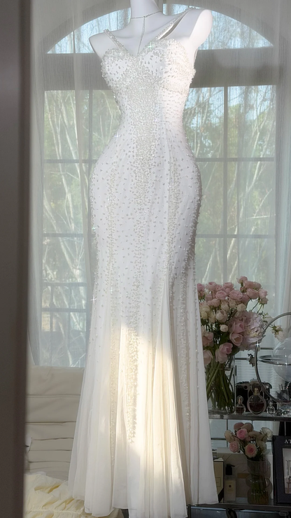 Sparkly Spaghetti Straps V Neck Chiffon Beaded Mermaid Evening Dress White Long Birthday Dress SP2179