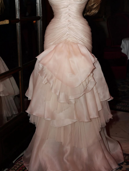 Classy Sweetheart Neck Pink Pleated Organza Layered Mermaid Evening Dress Long Birthday Prom Dresses SP1020