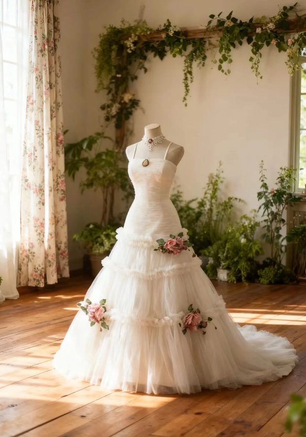 Pretty Spaghetti Straps White Tulle Long Wedding Dress With 3D Flowers SP751