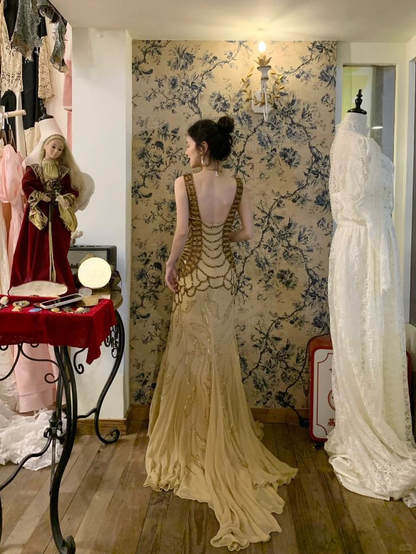 Vintage V Neck Yellow Chiffon Sequin Beaded  Mermaid Party Dress Long Prom Dresses SP454