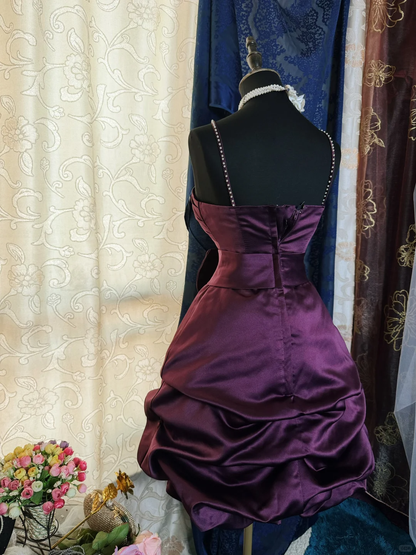 Vintage Purple Satin Bow Pleated Short Homecoming Dress Cocktail Dress With Beads SP2191
