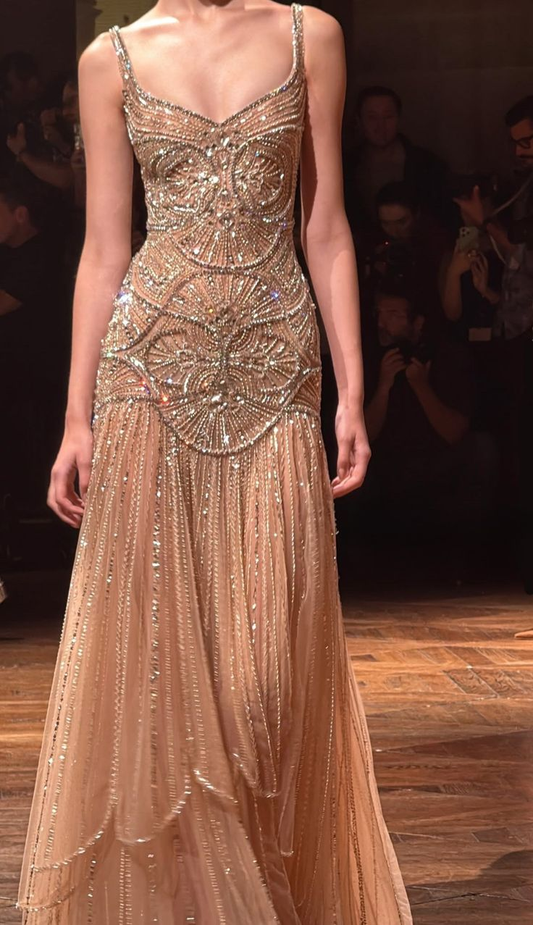 Gorgeous Spaghetti Straps Champagne Tulle Sequin Beaded Mermaid Long Party Dress Formal Prom Dress SP220