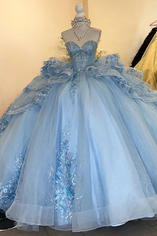 Pretty Blue Sweetheart Neck Tulle Sequin Appliques Sweet 16 Dress Formal Quinceanera Dress SP489