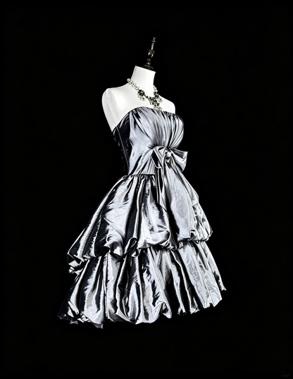 Fashion Silver Satin Pleated A Line Short 6th Grade Homecoming Dress,Strapless Mini Prom Dress SP3397