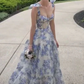 A-line Blue Floral Print Long Prom Dress,Blue Evening Dress  Y2560