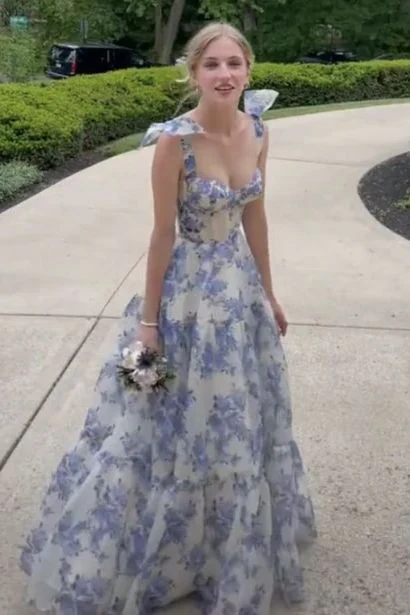 A-line Blue Floral Print Long Prom Dress,Blue Evening Dress  Y2560