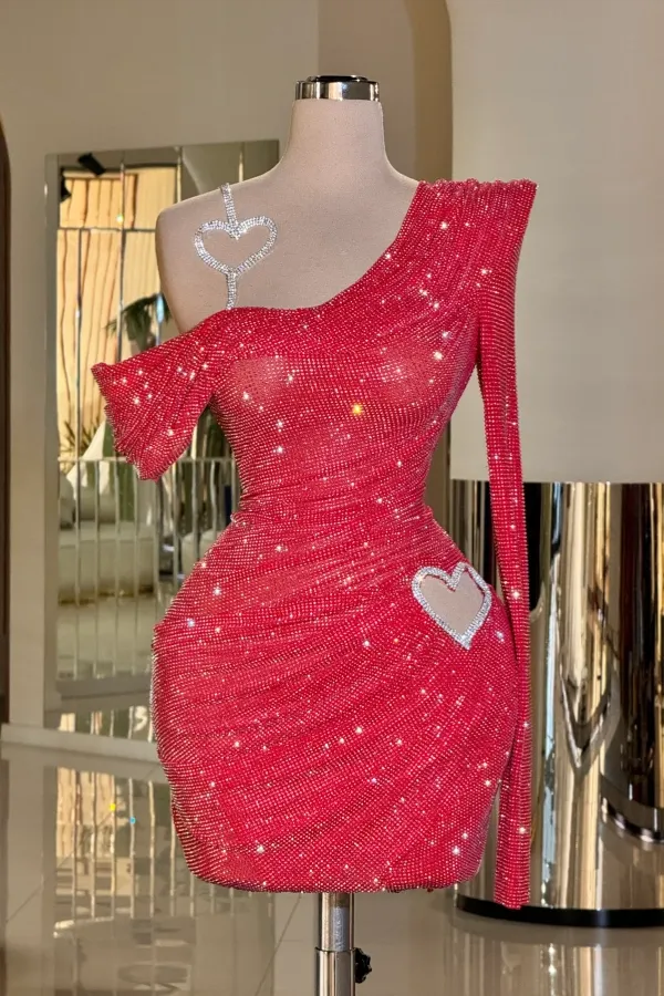 Stunning Rose Red Sequins Beading Spaghetti Strap Short Prom Dress Homecoming Dress With Pleated SP3854