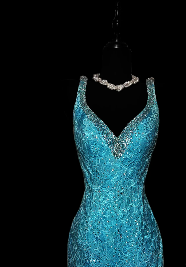 Charming Blue V Neck Lace Satin Beaded Mermaid Party Dress Long Prom Dresses SP441