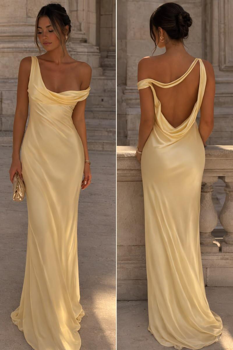 Pretty Satin Backless Yellow Mermaid Long Party Dress Prom Dress SP4160