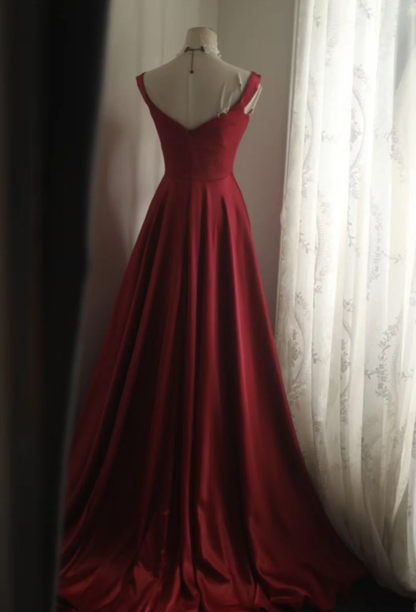 Fashion V Neck Burgundy Satin Mermaid Slit Evening Dress Formal Prom Gown SP669