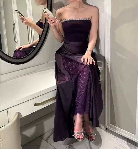 Vintage Strapless Dark Purple Satin Lace Beaded Long Evening Dress Formal Wedding Guest Dress SP471