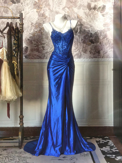 Sexy V Neck Satin Lace Sequin Mermaid Evening Dress Blue Long Prom Dress With Beads SP2107
