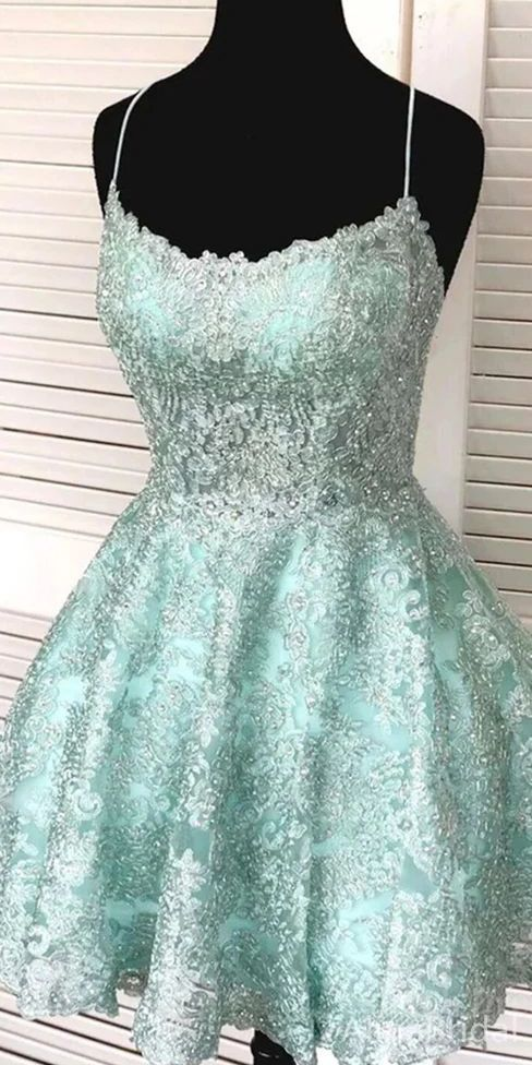 Classy Mint Green Satin Lace Short Graduation Homecoming Dress,Spaghetti Straps A Line Backless Mini Birthday Dress SP3363