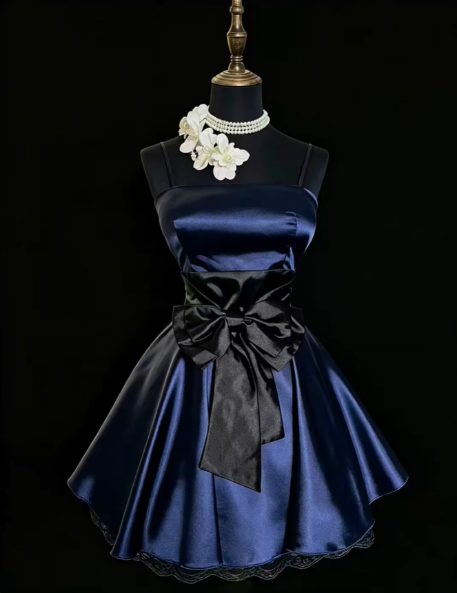 Vintage Spaghetti Straps Navy Blue Satin Lace A Line Short 6th Grade Homecoming Dress,Formal Birthday Outfits With Bow SP2770