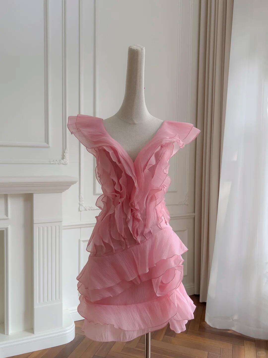 Elegant V Neck Peach Pink Chiffon Ruffle Short 6th Grade Homecoming Dress Cocktail Dress SP2596
