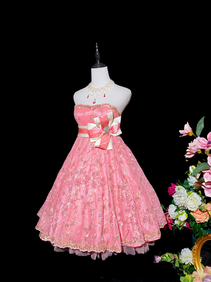 Gorgeous Pink Strapless Satin Tulle Embroidered A Line Short Homecoming Dress Birthday Outfits SP2710