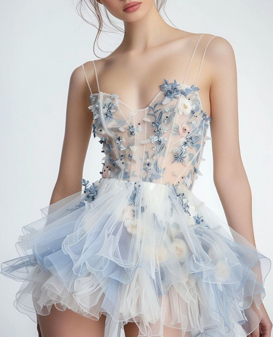 Classy Spaghetti Straps Tulle Appliques Beaded Short 16th Birthday Outfits Formal Homecoming Dress Y9434