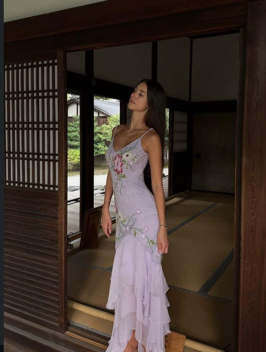 Classy Spaghetti Straps Satin Chiffon Beaded Long Prom Dress Purple Mermaid Long Evening Dress SP3779