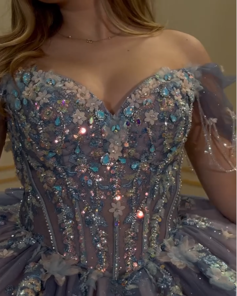 Gorgeous Off The Shoulder Purple Tulle Sequin Appliques Beaded Princess Quinceanera Dress Sweet 16 Dress SP1031