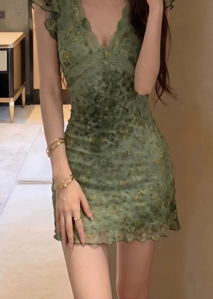 Vintage Green Lace V Neck Chiffon Floral Short Graduation Homecoming Dress,Mini Prom Gown SP3350