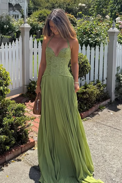 Vintage Sage Green Lace Chiffon Pleated A Line Long Party Dress Halter Wedding Guest Dress SP2953