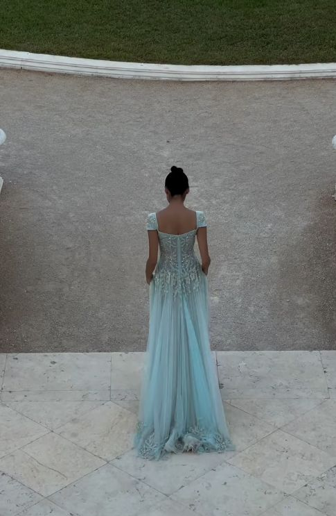 Gorgeous V Neck Baby Blue Tulle Sequin Beaded Mermaid Evening Dress Long Birthday Prom Gown SP1143