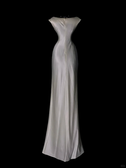 Elegant White Sleeveless Satin Mermaid Long Party Dress Formal Long Wedding Guest Dress SP4068