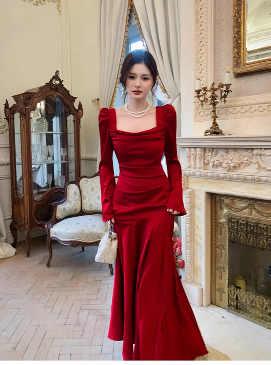 Chic Red Satin Mermaid Long Evening Dress Formal Birthday Prom Gowns SP1647
