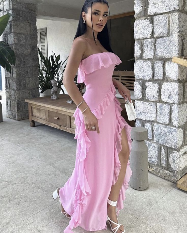 Pretty Pink Strapless Ruffle Slit Evening Dress,Long Birthday Prom Dress Y8203