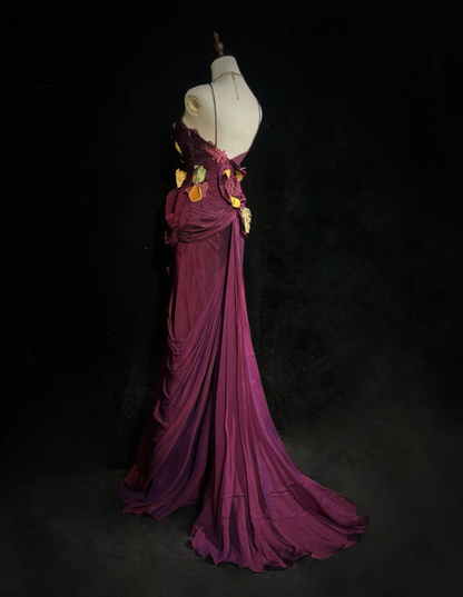 Vintage Spaghetti Straps V Neck Satin Appliques Mermaid Long Evening Dress Dark Fuchsia Prom Dress SP1785