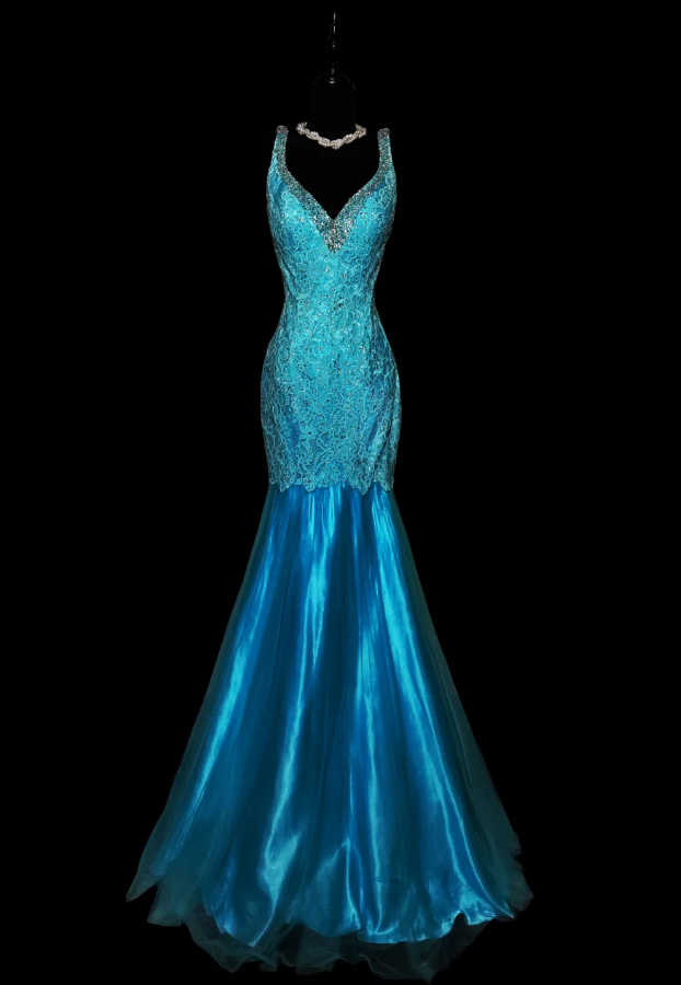 Charming Blue V Neck Lace Satin Beaded Mermaid Party Dress Long Prom Dresses SP441