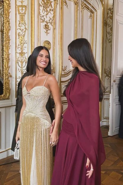 Luxurious Spaghetti Straps Sequin Beaded Tassel Gold Long Evening Dress Prom Gown SP792