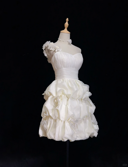 Fairy One Shoulder Satin Pleated A Line Mini Birthday Dress,White Short Homecoming Dress With 3D Flowers SP2900