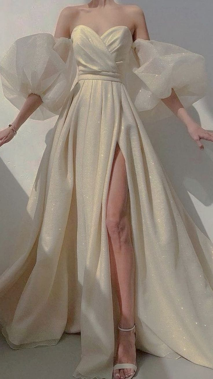 Sexy Puffy Sleeves Prom Dresses Glitter Ball Gown Party Dresses Tulle Sweep Train Prom Evening Dresses Y4684