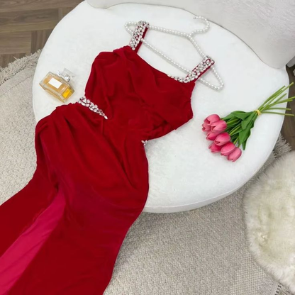 Charming Spaghetti Straps Red Satin Beads Slit Long Prom Dresses Mermaid Evening Dress SP1007