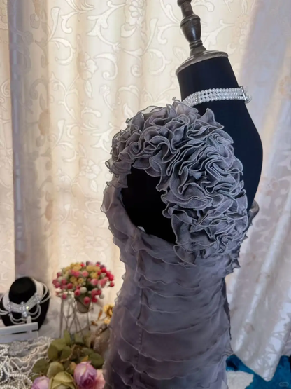 Vintage Silver Gray Chiffon Ruffle Layered Cocktail Dress One Shoulder Formal Graduation Homecoming Dress Y9184