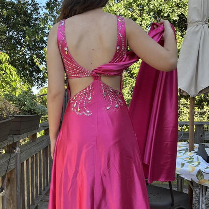 Elegant V Neck Satin Beaded Long Wedding Guest Dress Pink Long Evening Dress SP3765