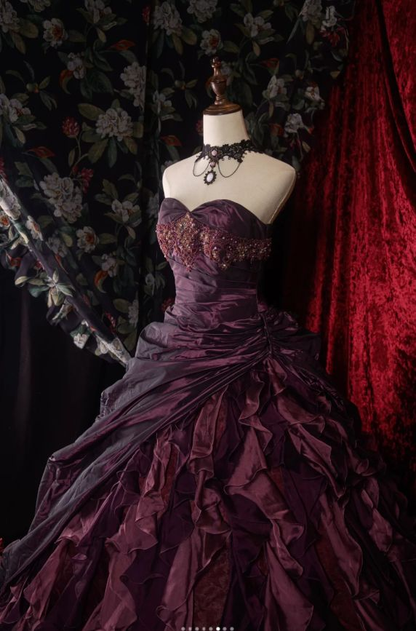 Vintage Sweetheart Neck Tulle Satin Pleated Ball Gown Purple Formal Birthday Quinceanera Dress SP1361