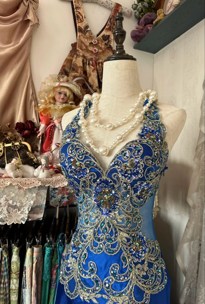 Vintage Royal Blue Satin Beaded Mermaid Evening Dress Long Prom Dress SP526