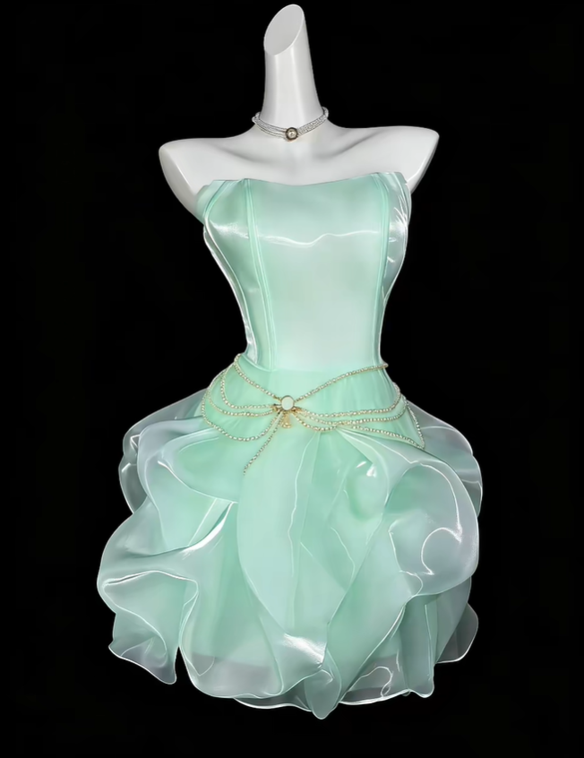 Classy Strapless Mint Green Tulle Pleated Short Homecoming Dress Cocktail Dress SP3541