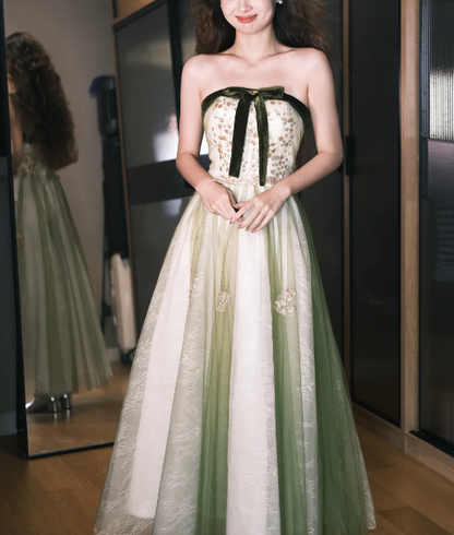 Vintage Strapless Green Tulle Lace A Line Birthday Dress Long Party Gowns SP2099