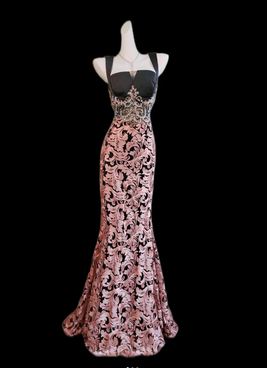 Vintage Pink Satin Print Floral Beaded Mermaid Prom Dress Long Party Dress SP349