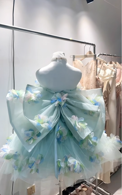 Pretty Mint Green Floral A Line Short 17th Birthday Outfits,Strapless Graduation Homecoming Dress With Bow SP2630