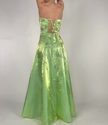 Strapless Green Satin Beaded A Line Prom Dress Evening Dress Y8412