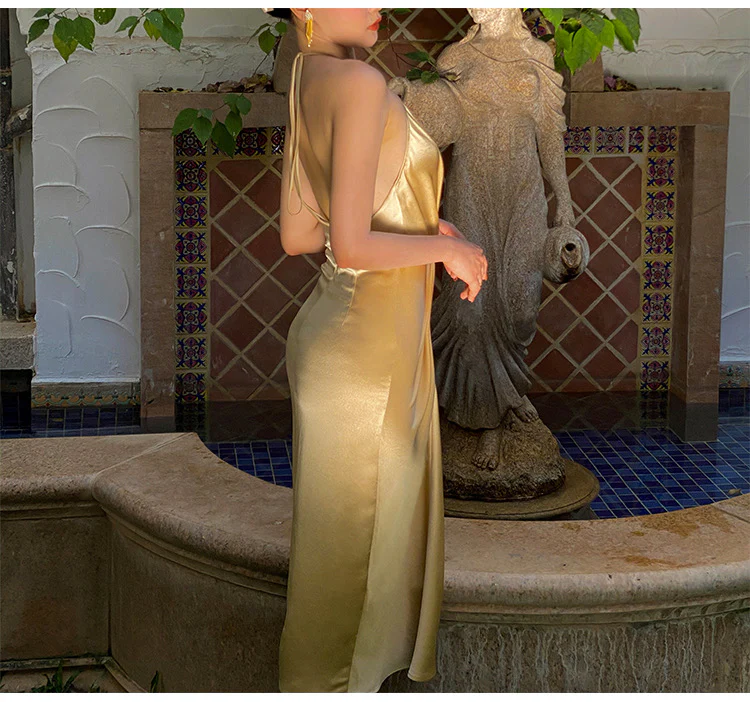 Sexy Halter V Neck Party Dress,Champagne Gold Prom Evening Dress Y8211