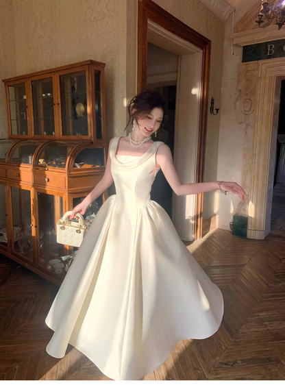 Elegant White Sleeveless Satin A Line Long Wedding Guest Dress Formal Birthday Evening Dress SP1641