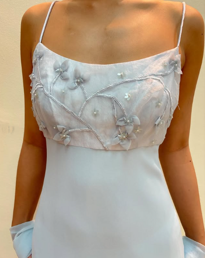 Elegant Pastel Blue Straps Chiffon Appliques Beaded Prom Evening Dress Y8142