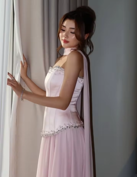 Elegant Strapless Pink Satin Beaded Chiffon Mermaid Party Dress Prom Dress With Ribbon SP536